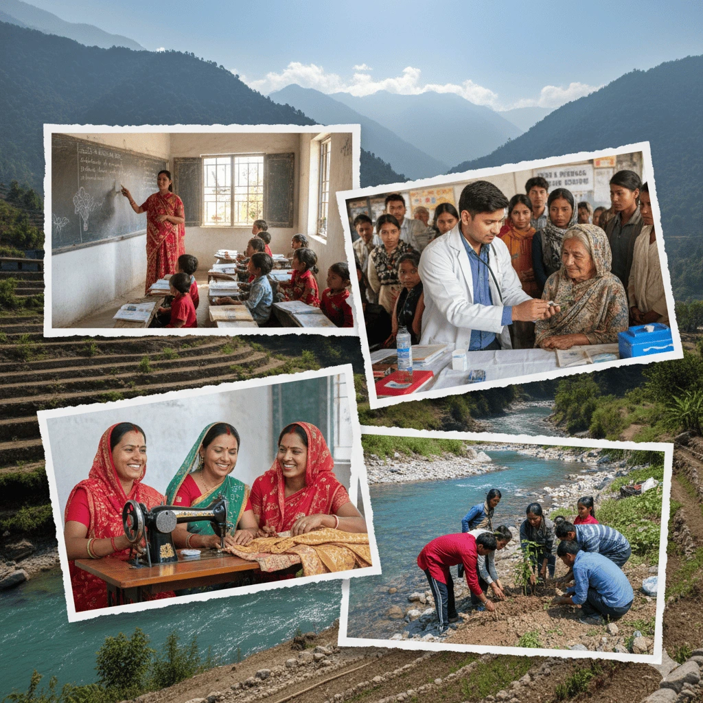 Collage of Ramyanti Foundation programs in Uttarakhand showing a rural classroom with children, a healthcare camp with doctors, women in skill training, and villagers working on clean water projects against the Himalayan backdrop.