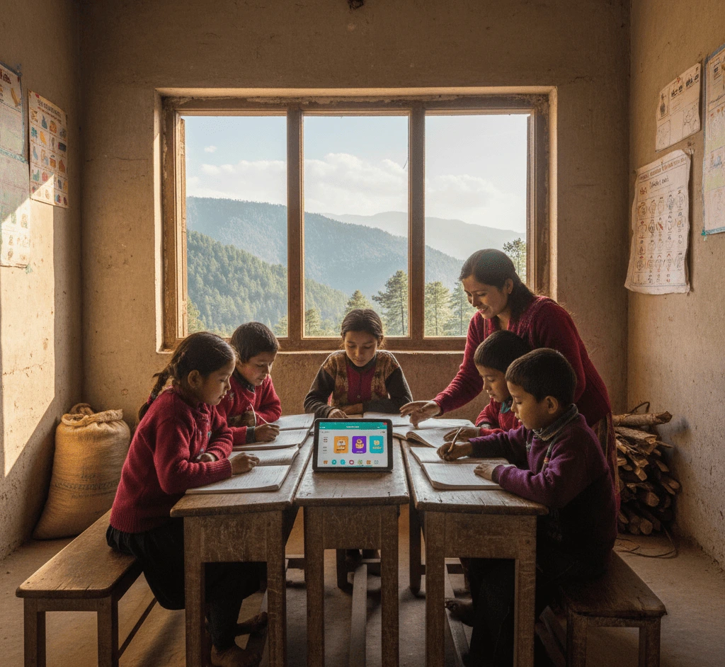 Children studying in a rural classroom in Uttarakhand with digital learning support.