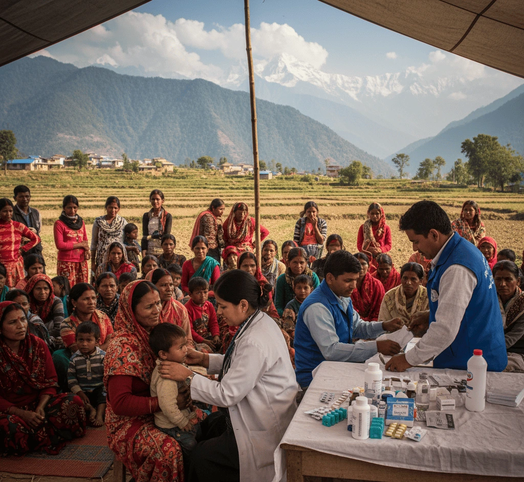 Doctor providing health check-up at a free medical camp in Uttarakhand village.