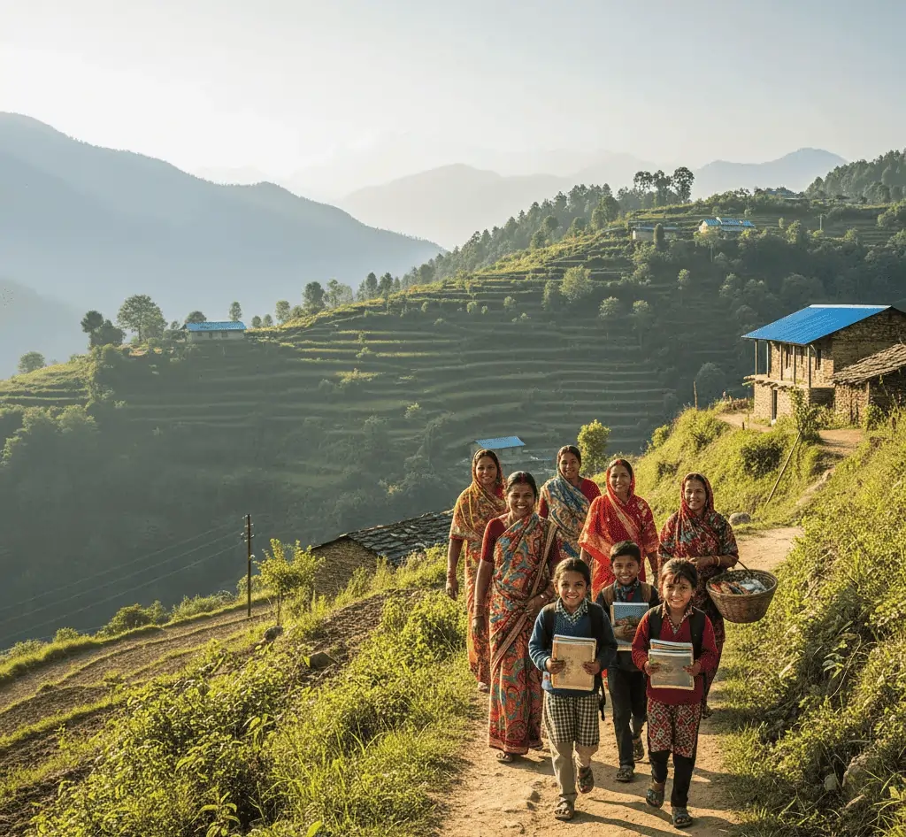 Villagers and children in Uttarakhand walking together on a rural path, representing the mission to empower communities through education, healthcare, and sustainability.