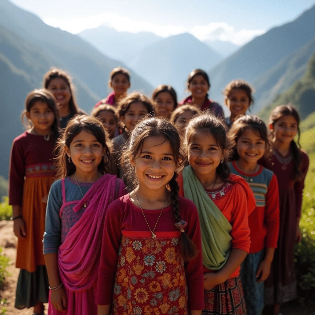 Group of villagers in Uttarakhand, including children and women, gathered with books and learning materials, representing the mission of Ramyanti Foundation to bring education, healthcare, and dignity to communities.