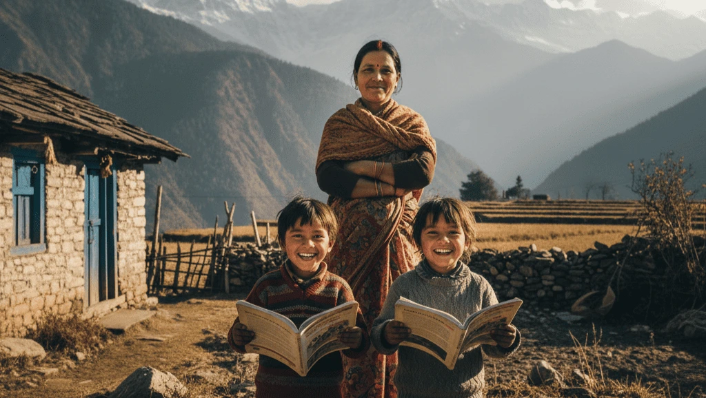 Rural family in Uttarakhand with smiling children holding books and a mother standing proudly, symbolizing education, health, and empowerment