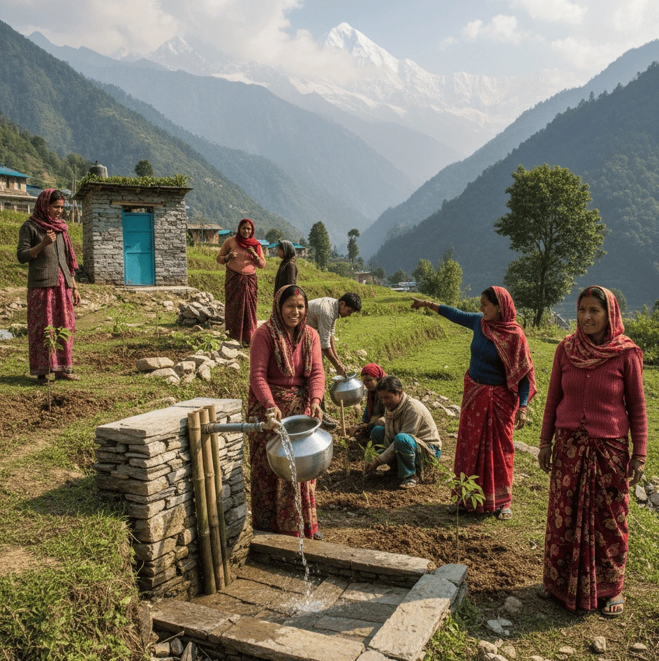 Villagers in Uttarakhand working on clean water and eco-friendly community projects.