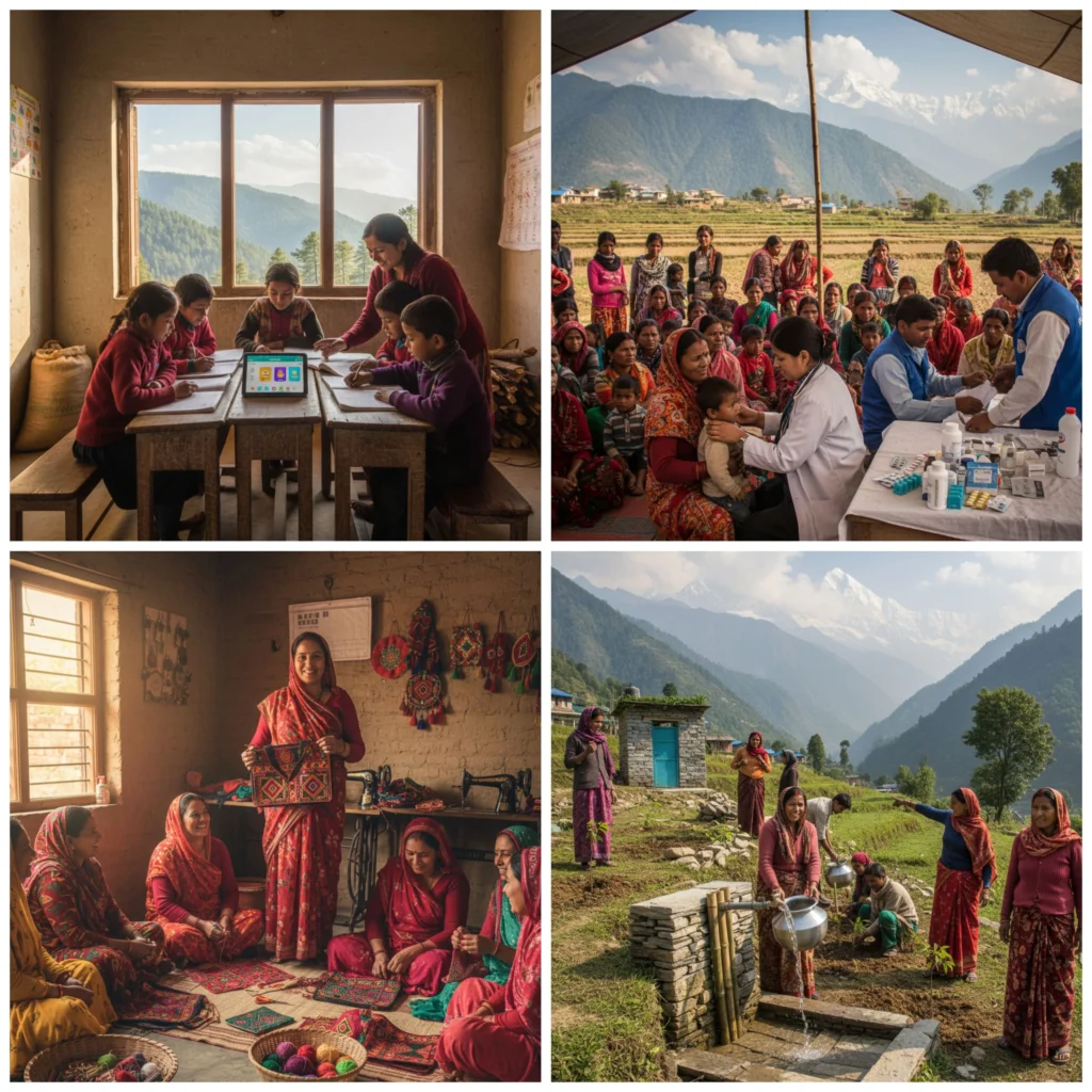 Collage of NGO programs in Uttarakhand showing education, healthcare, women empowerment, and sustainability.