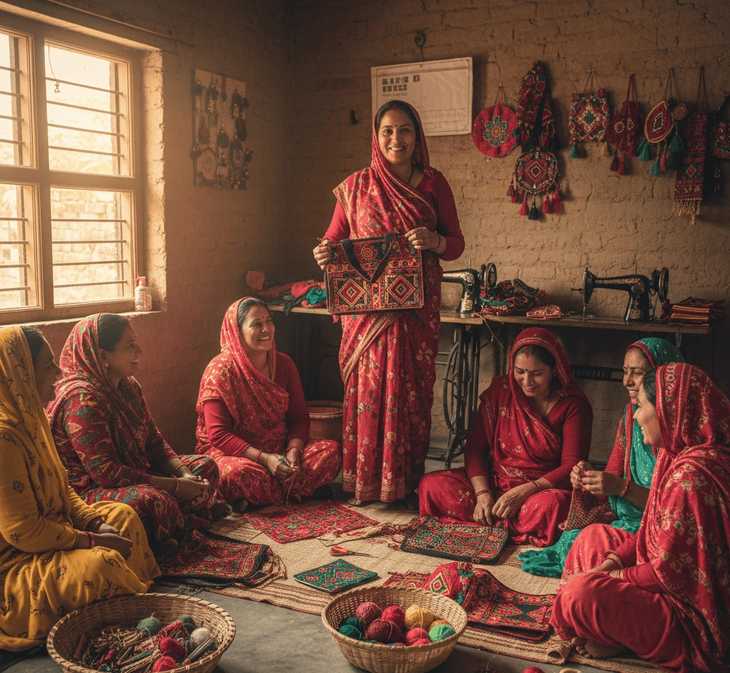 Women in traditional Uttarakhand attire learning skills and crafts in a training center.