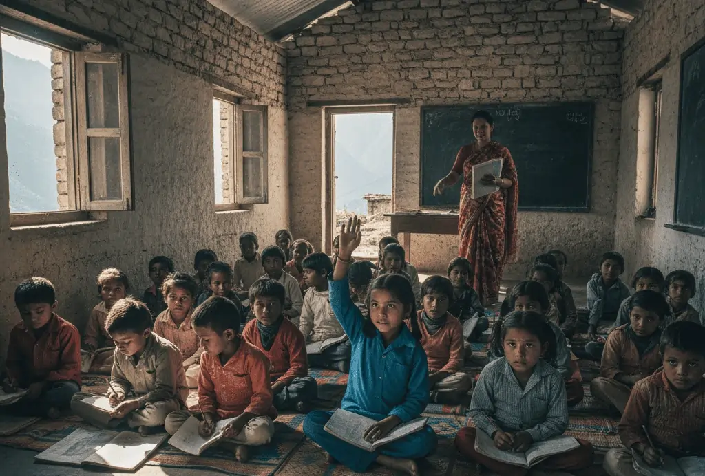 A rural Indian classroom with children on mats, a girl raising her hand to answer, and a teacher in the background.