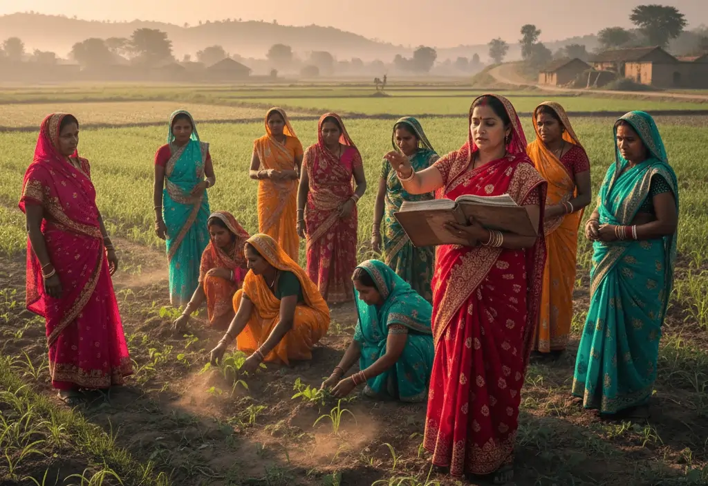 Landscape view of rural Indian women working together in a field with one woman holding a book, representing empowerment and leadership.