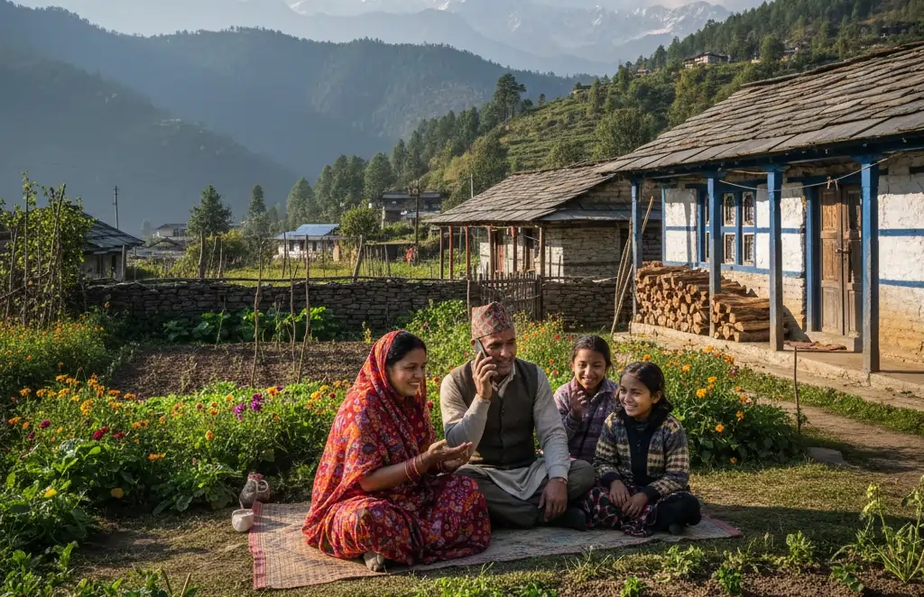 Rural Indian household using a single smartphone, representing the digital divide in rural India today.