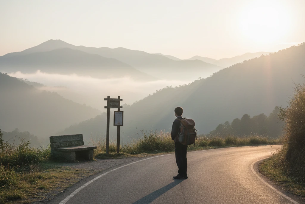 Student waiting at a bus stop in a hill village, representing education-led migration from hill regions.