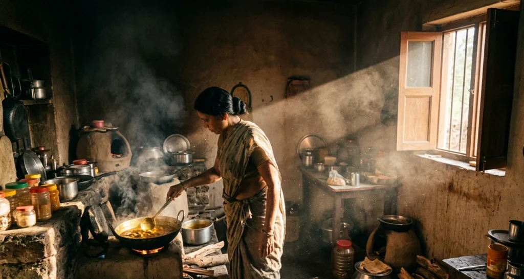 Indoor air pollution inside a home showing smoke and ventilation affecting health in India.