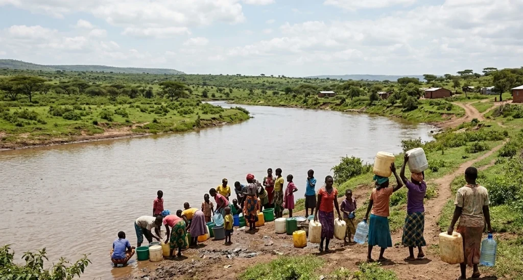 People collecting drinking water from a natural source representing water quality and public health awareness.