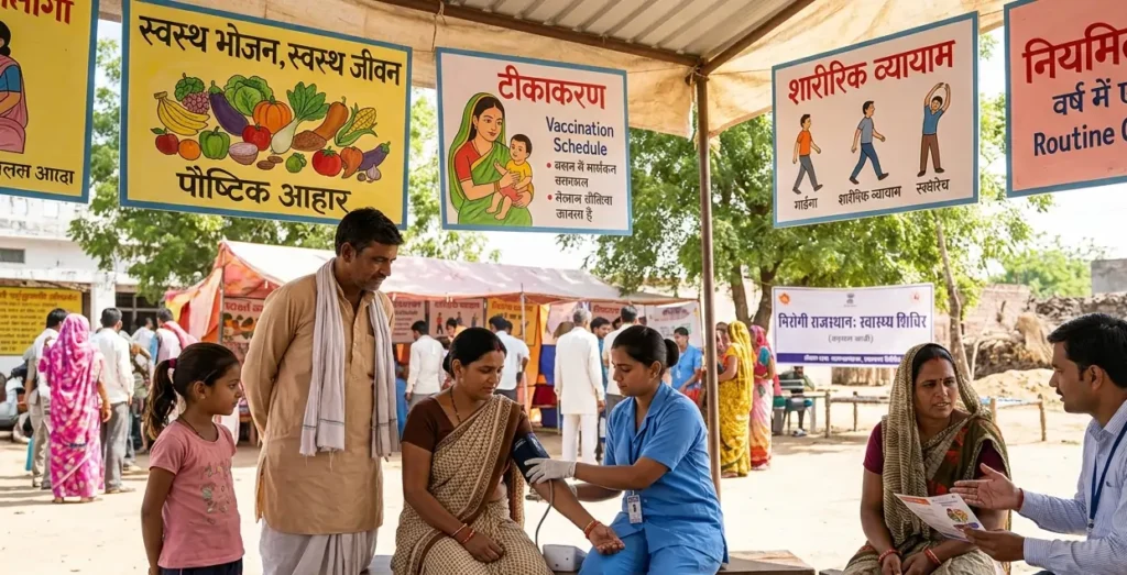 Community members participating in a preventive healthcare screening and health awareness camp in India