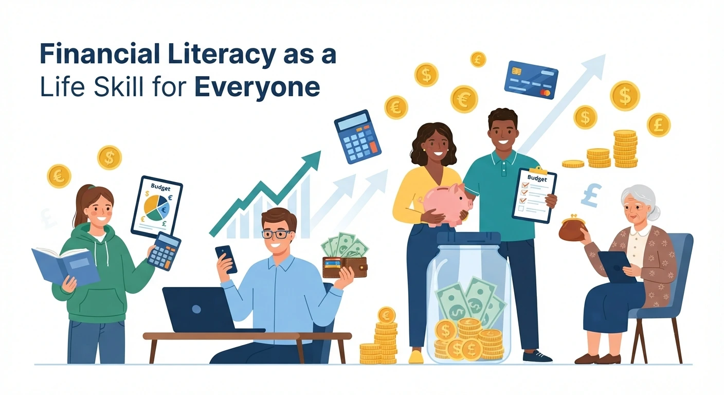 Illustration of people learning financial literacy through budgeting, saving, investing, and responsible money management.