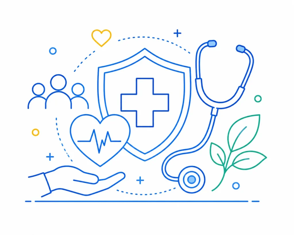 Illustration of a stethoscope, medical cross, heartbeat line, and healthcare symbols representing public health awareness and disease prevention