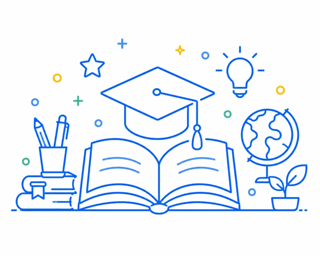 Illustration of an open book, graduation cap, globe, and learning symbols representing education, knowledge, digital literacy, and lifelong learning
