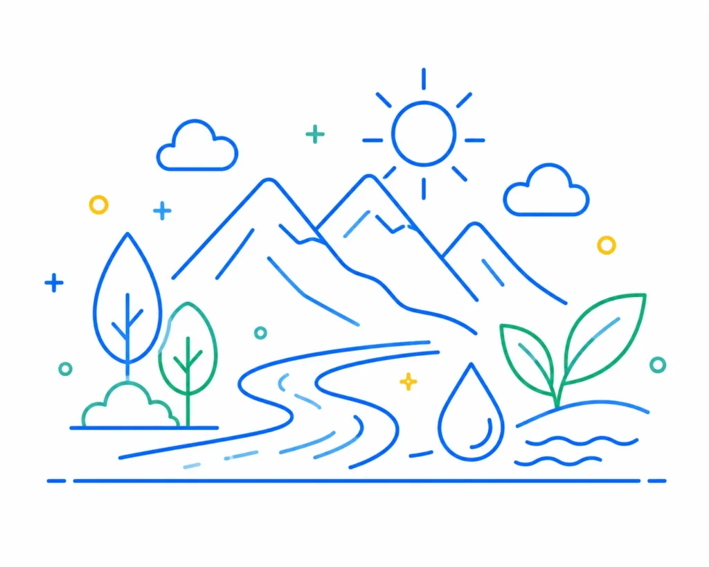 Illustration of mountains, trees, a flowing river, water droplet, and leaves representing environmental conservation and sustainable development Illustration of mountains, trees, a flowing river, water droplet, and leaves representing environmental conservation and sustainable development
