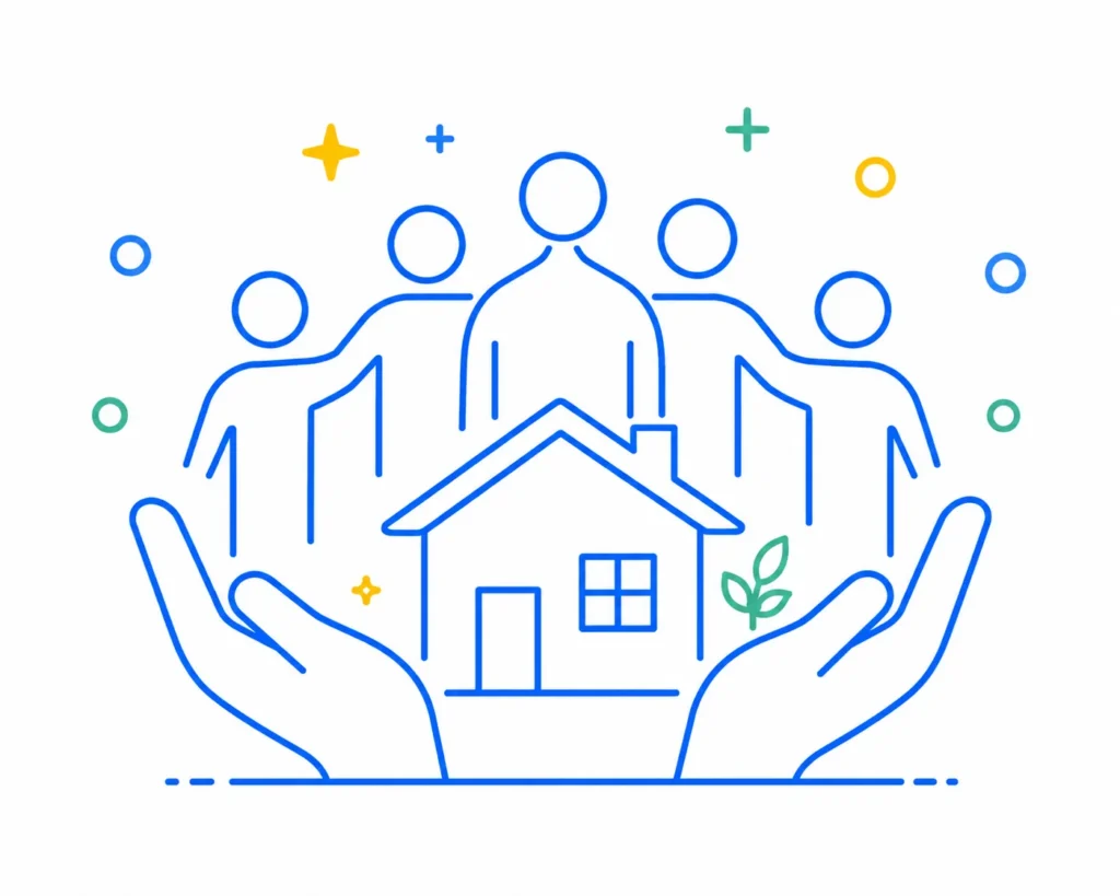 Illustration of people, helping hands, and a community home representing collaboration, social development, volunteerism, and community support