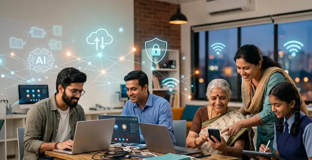 People of different generations learning and using digital technology together, representing digital literacy, online safety, AI awareness, and lifelong learning