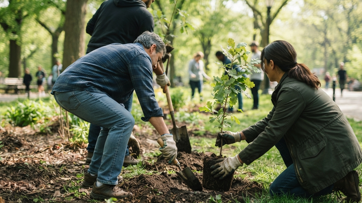 Community members working together to plant a young tree in a public park as a symbol of collaboration and community participation.