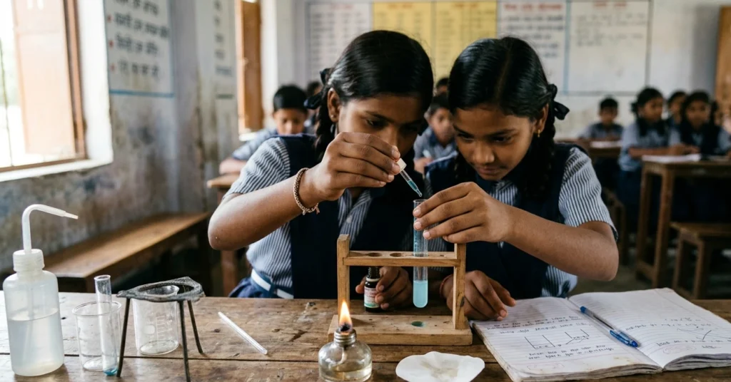 Indian students conducting a hands-on science experiment in a classroom, demonstrating experiential learning and practical education
